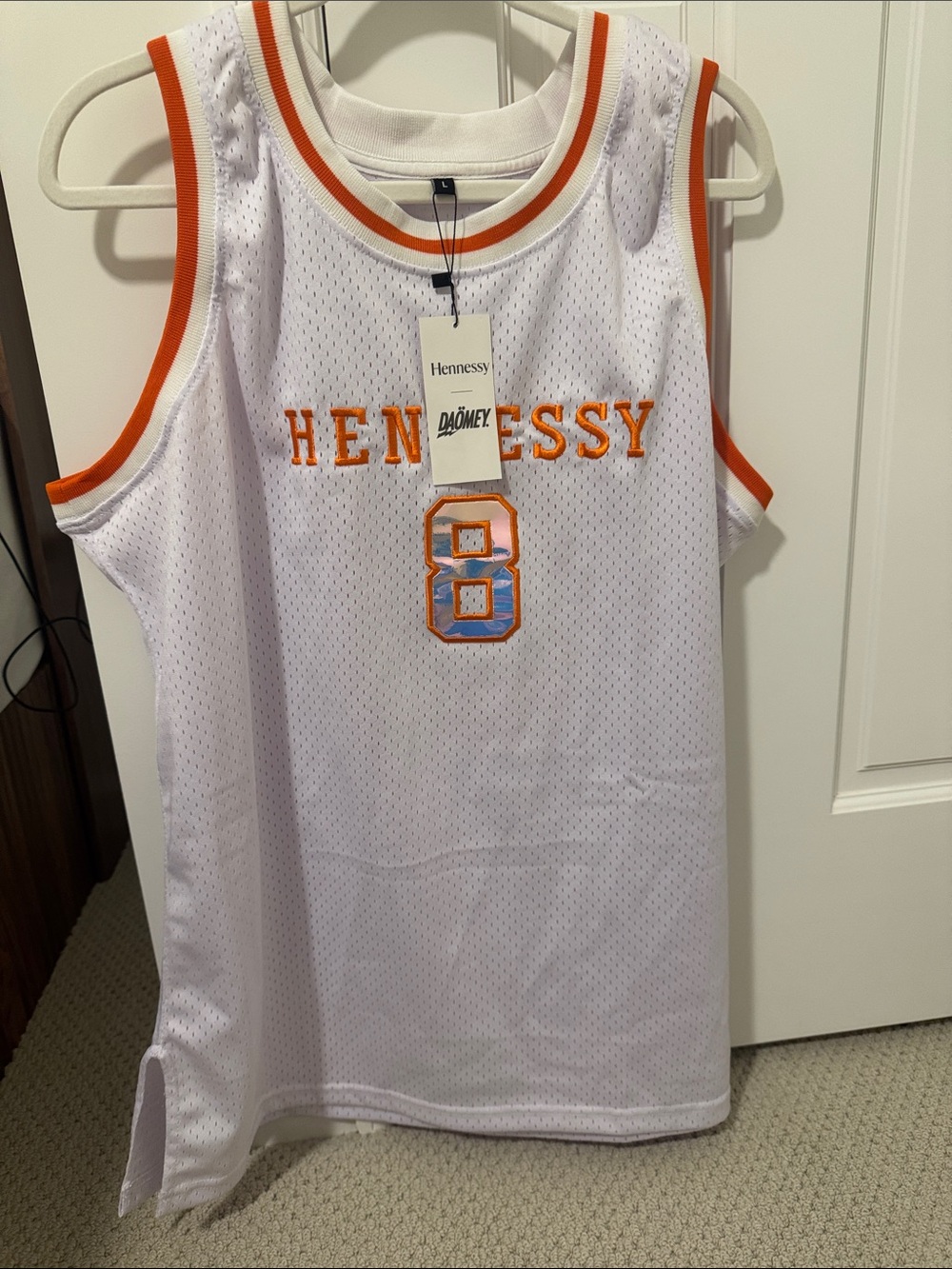 Adult Large White Mesh Jersey with Orange Trim and Blue Number 8 Hennessy